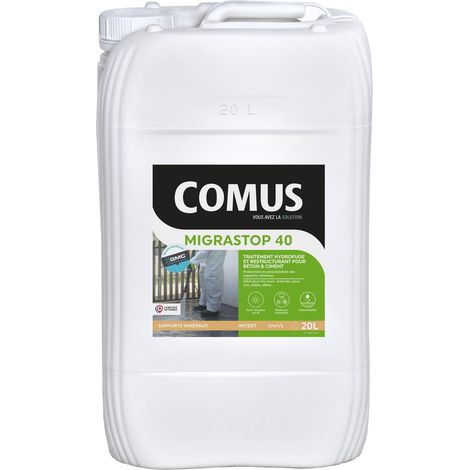 Hydrofuge Minéral MIGRASTOP® 40 - 20L - Traitement Hydrofuge reminéralisant et restructurant supports en béton et ciment - COMUS