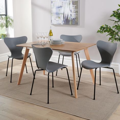 Dining Table Set 120cm Veneer Top Beech Legs 4 Curved Grey Plastic Metal Chairs (1/5)