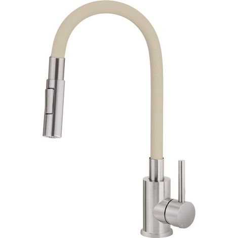 Miscelatore cucina in acciaio con bocca elastica e 2 flussi beige e acciaio spazzolato - Luvo