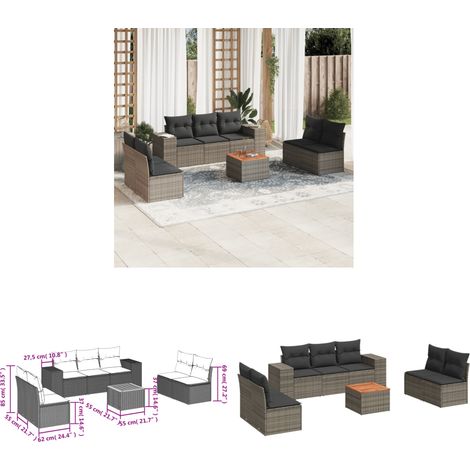 8-tlg. Garten-Sofagarnitur mit Kissen Grau Poly Rattan - Gartensortiment - Outdoor Möbel - Gartenlounge - Lounge Set - Rattan Gartenmöbel - Home & Living (1/3)
