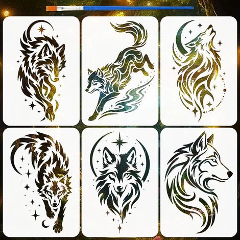 6PCS Étoile Et Lune Loup Pochoirs Avec Un Pinceau 21x29.7cm Réutilisable Loup Tête Peinture Pochoir Sauvages Loups Pochoirs Pour Peinture Sur Bois Mur Meuble DIY Maison Décoration (1/5)