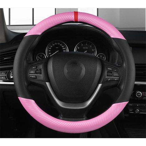 Runder Lenkradbezug aus PU-Leder in Carbonfaser- und Mikrofaseroptik, rutschfester Autolenkradbezug, atmungsaktiver Sportlenkradbezug für 38 cm Durchmesser, Schwarz und Pink