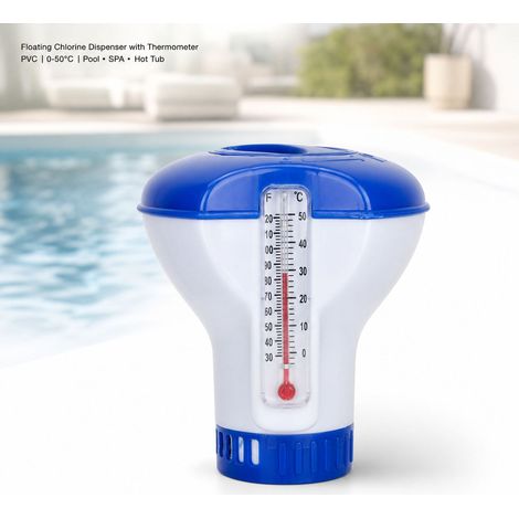 Dispenser galleggiante di cloro - PVC blu/bianco con termometro, capsula di sicurezza e sfiati regolabili per piscine e spa (1/5)