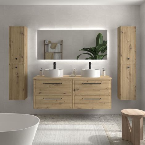Mueble de Baño RUNA 120cm Roble 4 cajones Lavabo sobre encimera 2 pozas Porcelana (1/5)