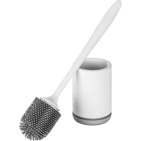 Brosse WC Silicone Toilette Support é Séchage Rapide Blanc Support en PP Résistant é la Saleté Support en Matériau TPR Poils de Brosse (Revétement de Sol ou Adhésif Montage Mural) Blanc