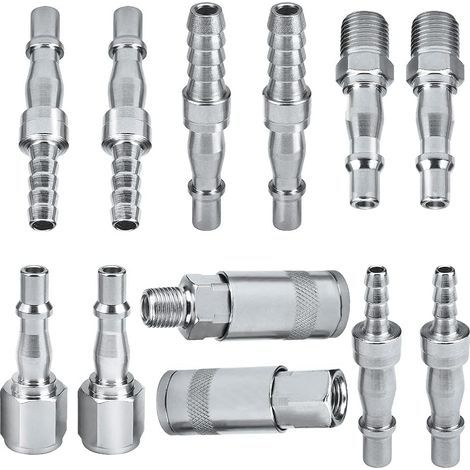 Raccords rapides pour compresseur – Lot de 12 – 6,35 mm BSP – Acier trempé zingué – Pour tuyaux 6/8/10 mm (1/5)