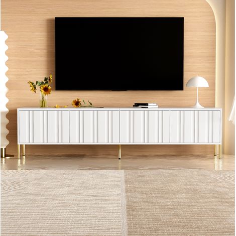 Meuble TV MDF et panneaux de particules blanc 190 x 38 x 48 cm, 4 portes rainurées, 8 étagères, pieds dorés (1/5)