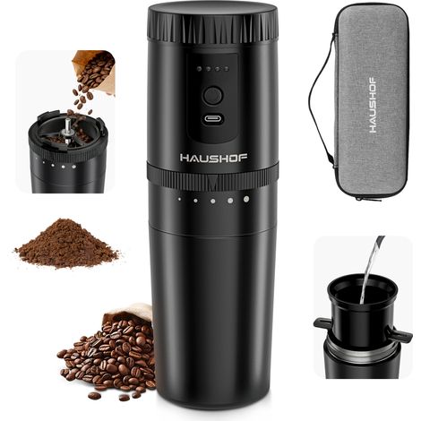 HAUSHOF Machine à Café Portable Tout-en-Un avec Broyeur Intégré, 5 Réglages de Mouture, Rechargeable USB-C, Mug Isotherme 300 ml, Idéale pour Voyage et Camping, Noir