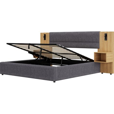 Letto contenitore idraulico 180x200 cm in velluto grigio con 2 comodini e USB (1/5)