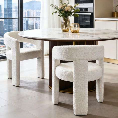 Wahson Faux Fur Dining Chairs 2Pcs – Chic Curved Backrest Armchairs for Kitchen, Living Room, Cafe, White