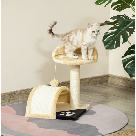 Arbre à chat beige avec poteaux en sisal, hamac, balle suspendue et plateau de repos, compact 35,5 x 37 x 46 cm, pour chat jusqu’à 4 kg  CHICFURN (1/5)