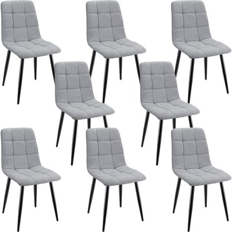 Lewe – Lot de 8 chaises de salle à manger rembourrées – Dossier haut en lin gris – Pieds en fer forgé – Confort ergonomique pour repas prolongés