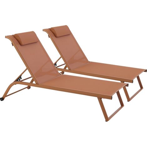 Lot de 2 bains de soleil inclinable avec roues terracotta