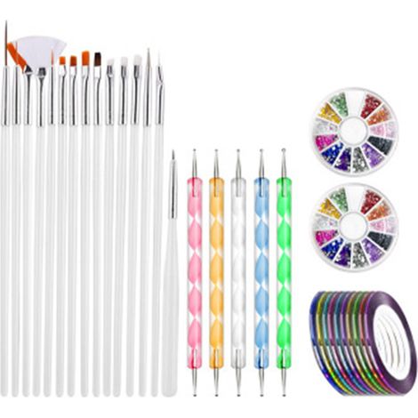 Kit de manucure pour nail art : 15 pinceaux, 5 stylos à pointe fine, 10 rouleaux de ruban adhésif pour ongles, 2 boîtes de strass, paillettes ultra-fines. (1/5)