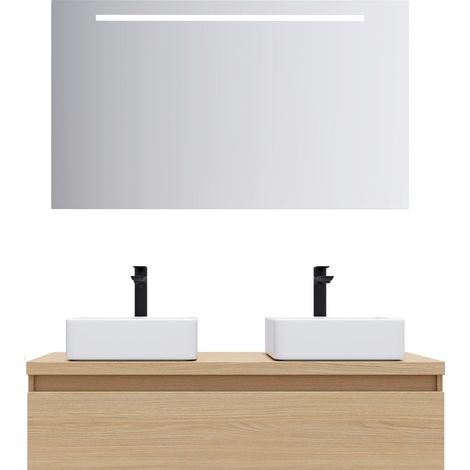 Meuble de salle de bain suspendu 2 vasques à poser 120cm 1 tiroir Chêne clair + miroir - Hudson (1/5)