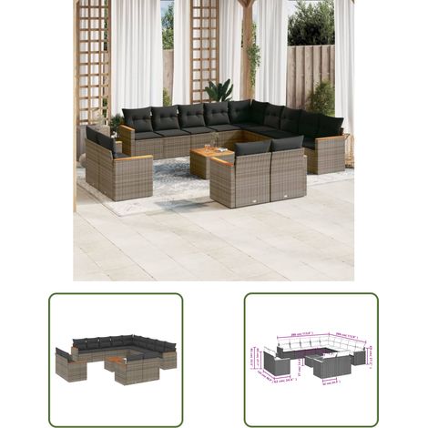 The Living Store 14-tlg. Garten-Sofagarnitur mit Kissen Grau Poly Rattan - Gartenmöbel Set - Esszimmergarnitur - Outdoor Möbel - Lounge Sofa - Rattan Gartenmöbel (1/3)