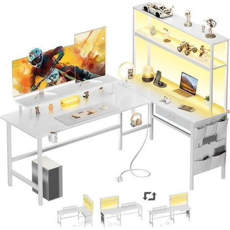 ECOFURNIX, 170 cm LED gaming table, L-shaped, with drawer and storage bag, built-in power outlets and USB ports, white. (1/5)