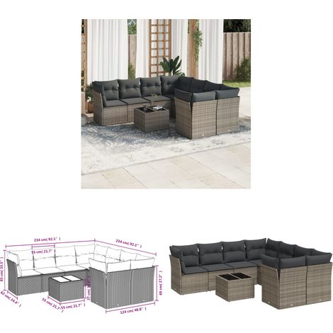 9-tlg. Garten-Sofagarnitur mit Kissen Grau Poly Rattan - Gartenmöbel - Esszimmergarnituren - Rattan Möbel - Outdoor Furniture - Lounge Set - Home & Living (1/3)