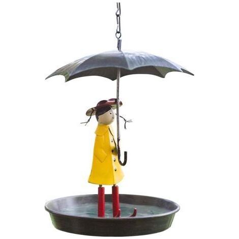 Mangeoire à oiseaux en métal avec chaîne suspendue – Design fille et parapluie – Hauteur 25 cm, diamètre 11,5 cm – Décoration extérieure (1/3)