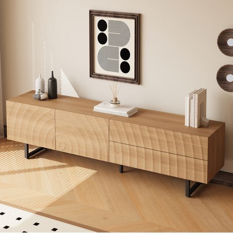 Mobile TV 175x38x45 cm noce in MDF - anta scorrevole in rattan e vani contenitori (1/5)