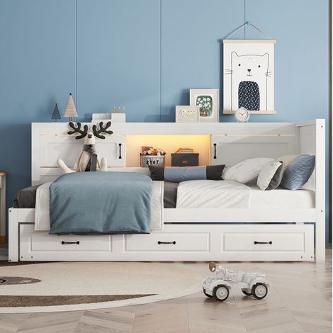 Lit gigogne en panneaux de particules et MDF blanc 90x200 cm avec LED, rangement latéral, USB et prise (1/5)