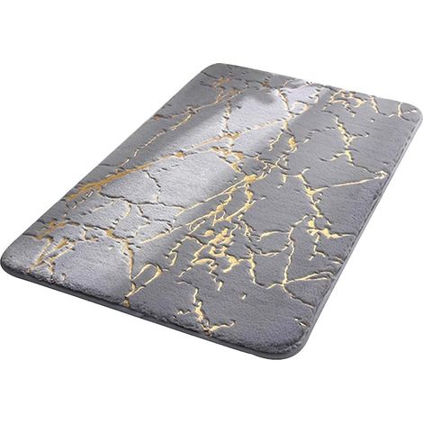 Mikrofaser-Badematte mit Plüschbezug, rutschfest, saugfähig, weich, rechteckig (80 x 50 cm), geeignet für Badewanne, Duschkabine, Toilette und Waschbecken, Grau/Gold (1/5)