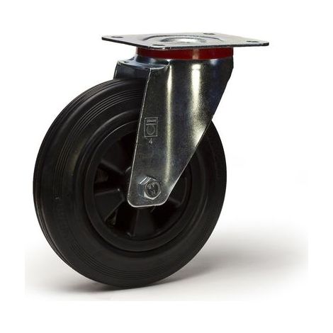 2Gt Roues Et Roulettes – Roulette pivotante 200 mm caoutchouc noir – Charge 205 Kg – Fixation à platine – Pour chariots porte-outils et bacs à ordures (1/2)