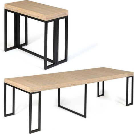 Idmarket – Table console extensible 14 personnes 300 cm – 5 rallonges de 51 cm – Structure bi-matière bois et métal noir – Style industriel