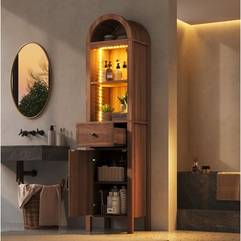Meuble de rangement de salle de bain sur pied 40x30x163 cm avec LED RGB, porte réversible, tiroir, bois noyer (1/5)