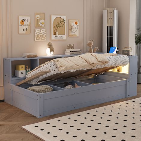 Cama multifuncional 90x200 cm con arcón hidráulico, LED y enchufe integrado, MDF/madera de pino gris (1/5)