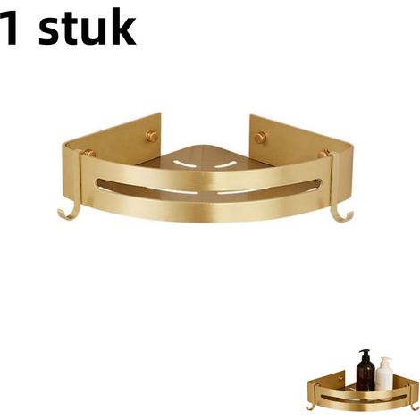 Étagère d'angle triangulaire pour salle de bain avec fixation sans perçage finition or brossé pour meuble lavabo gel douche et rangement mural couleur dorée 1 pièce (1/5)