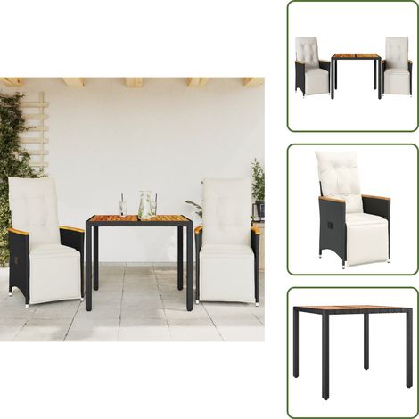 The Living Store 3-tlg. Garten-Bistro-Set mit Kissen Schwarz Poly Rattan - Gartenmöbel - Bistroset - Lounge Möbel - Outdoor Furniture - Esstisch