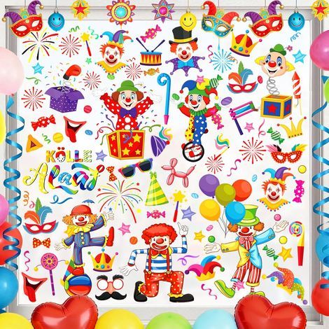 fogli di adesivi per finestre a tema carnevale, adesivi per finestre con clown, carnevali, adesivi da circo (A) (1/5)