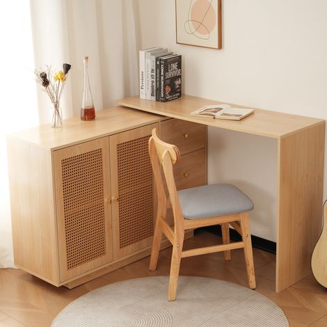 Scrivania girevole in MDF color legno naturale con mobile contenitore, bianca, salvaspazio,126x40x75cm (1/5)
