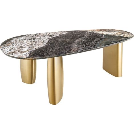 Tavolo da pranzo NERA – Ovale 200 cm – Piano in marmo grigio – Gambe in metallo oro – Stile chic (1/5)