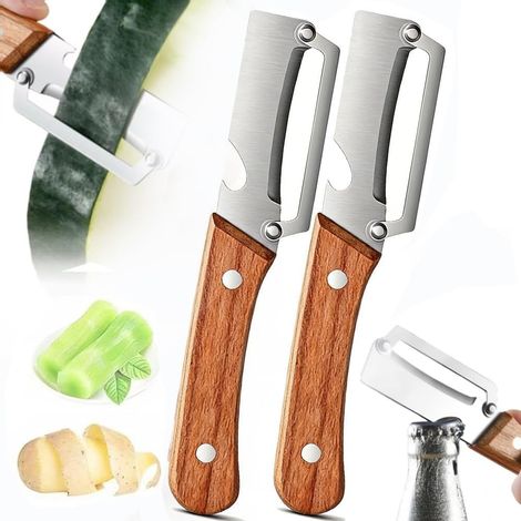 Couteau Eplucheur Multifonction, Inoxydable Éplucheur Légumes, Epluche Legume avec Manche en Bois, Peeler avec Bottle Opener, éplucheur légumes, Eplucheur Multifonction (1/5)