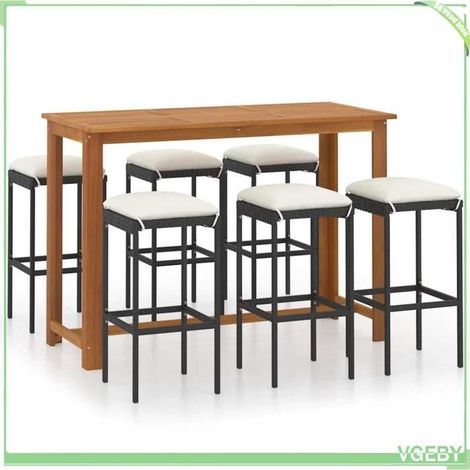 Ensemble de bar de jardin 7 pièces - FAFEICY - 3068011 - Noir - Table acacia 150x70x105 cm - Coussins amovibles lavables (1/5)