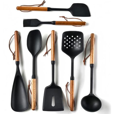 Spatula - Cuillère - Louche - Tourneuse - Brosse De Cuisine En Silicone Alimentaire Et Bois - Résistant À La Chaleur Jusqu'à 230 °C - Pour Recettes Cuisinières Familiales - Lot De 6 (1/5)