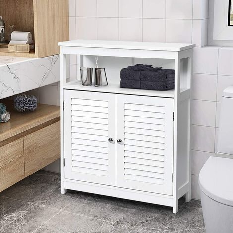 COSTWAY Badezimmer Schrank weiss, freistehender Badschrank Aufbewahrungsschrank mit 2 Rollladentüren, Küchenschrank Badkommode Holz für Bad Küche Wohnzimmer Weiss