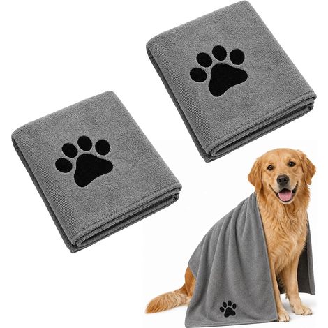 2 serviettes chien microfibre ultra-absorbantes, essuie-pattes pour chats, chiens et autres animaux, gris (1/5)