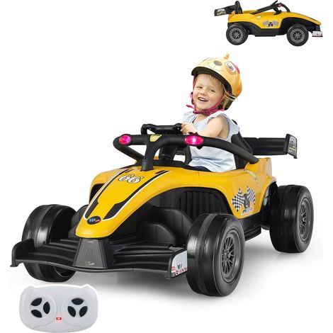 GOPLUS Kart à Pédale F1 Enfant 3-7 Ans avec Télécommande,Véhicule électrique avec Roues Anti-chocs,LED/Musique/USB/MP3,Jaune (1/5)