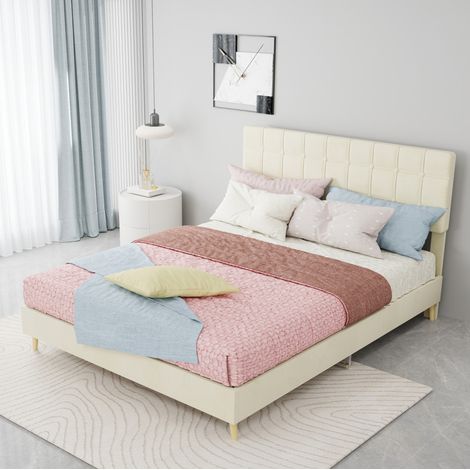 Letto matrimoniale moderno in velluto beige 140x200 cm con testiera trapuntata a quadri