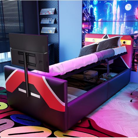 Letto imbottito in PU nero 90x200 cm con LED, contenitore idraulico e supporto TV integrato (1/5)