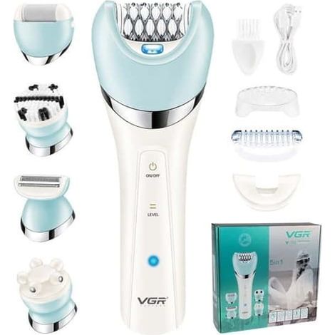 (bleu) Épilateur électrique 5 en 1 pour femmes, utilisable sur peau sèche ou humide, avec épilateur, rasoir, exfoliant et nettoyant. (1/5)
