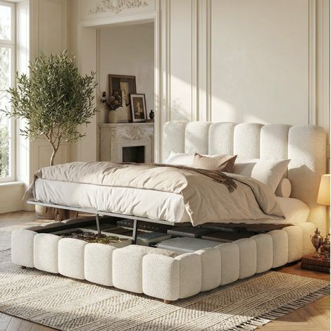 Lit coffre 140x190 cm blanc en bouclé avec sommier à lattes et tête de lit rembourrée (1/5)