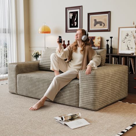 Sofá de dos plazas de pana, 180 cm, asiento profundo, sofá modular sin estructura, relleno de espuma, no requiere montaje, sofá compresible, ideal para apartamentos, color camel. (1/5)