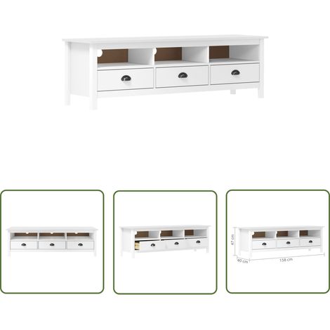 The Living Store Meuble TV Hill Range Blanc 158x40x47 cm Bois de pin solide - Meuble Tv - Meuble Retro - Meuble Blanc - Rangement Salon - Bibliothèque Murale (1/4)
