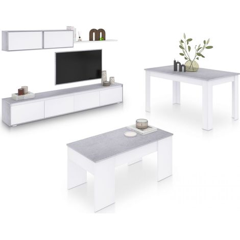 Pack salón con mesa de centro y mesa de comedor Arlet Max V2B Blanco Artik (Blanco Mate) - Gris Cemento (ancho) x 43cm (alto)