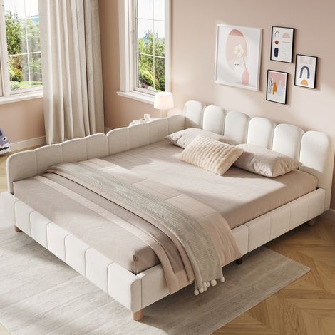 DESVIAE Lit enfant rembourré 140 x 200 cm en velours beige avec tête de lit ergonomique protection latérale accoudoirs modulables poches de rangement pieds en bois massif (1/5)