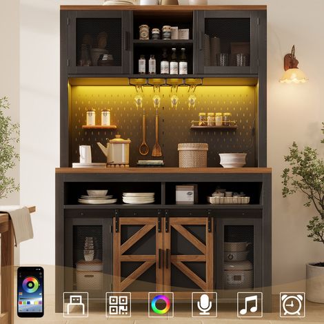 Buffet de cuisine 120×40×174,5cm avec LED,port USB,plan de travail,porte-gobelets,panneau perforé,Buffet haut,Buffet salon,Buffet salle a manger,Noir